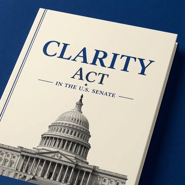 A document titled "CLARITY ACT — IN THE U.S. SENATE" rests on a blue background, featuring an illustration of the U.S. Capitol dome. The image visually reinforces the post's announcement about the newly released draft of the CLARITY Act merging Senate versions with new ethics provisions aimed at bipartisan support.