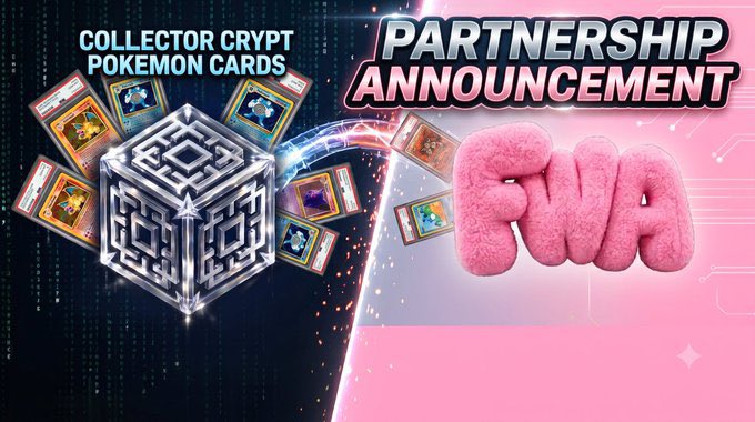 A partnership announcement banner featuring 'Collector Crypt Pokemon Cards' on the left side with a metallic cube logo surrounded by Pokemon cards, and 'ENA' displayed in pink fluffy 3D lettering on the right against a pink tech-themed background.