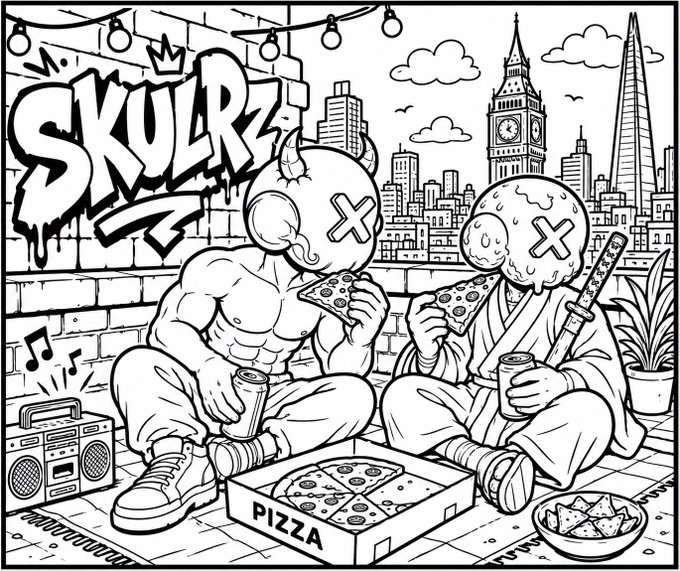 An illustration depicts a man wearing a mask with skull-like features holding a large slice of pizza, while another person sitting nearby also has a piece of pizza. They seem to be posing for an art contest or creating artwork inspired by SkulRz coloring pages. In the background, there is a city skyline that adds to the urban atmosphere. The post encourages creativity and collaboration in this coloring contest, as participants must share their work with others, receive feedback, and tag their creations using the hashtag #skulrzcolouringcontest.