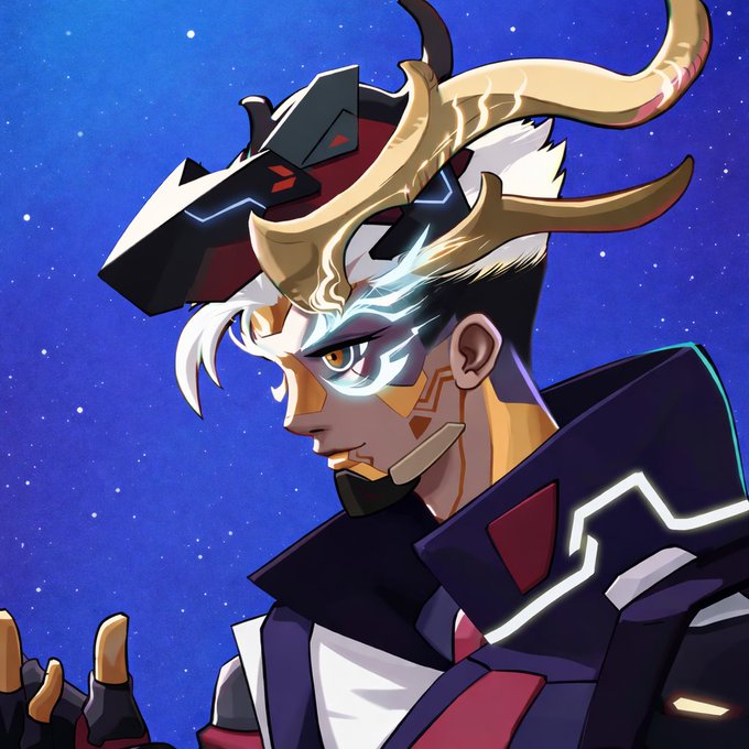 An anime-style illustration of a character with white hair, glowing blue eyes, golden headgear with horn-like decorations, and futuristic armor, set against a starry night sky.