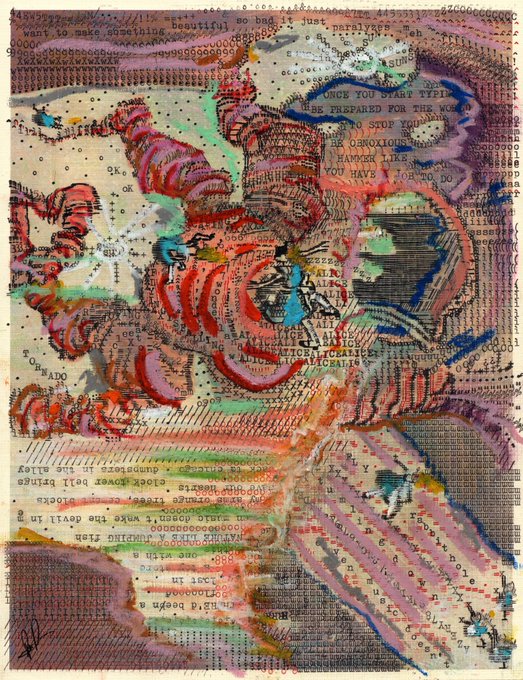 The image features a painting of a typewriter with an abstract design, surrounded by various objects such as birds, fish, and other animals. The painting has a unique style that combines elements of surrealism and realism. There are 13 distinct images within the painting, each contributing to its overall composition. The post also mentions that there is a "Degen in Wonderland" typewriter available for purchase on @drip_haus for one day.
