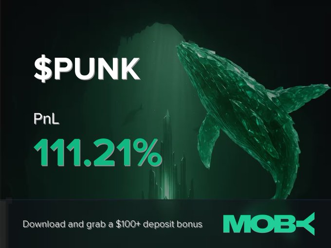 A promotional graphic from Moby Mobile displays a green whale underwater alongside "$PUNK" with a "PnL" of "111.21%," highlighting a winning trade that closed at a 111.21% profit. A bottom banner advertises a "$100+ deposit bonus" when downloading the app.