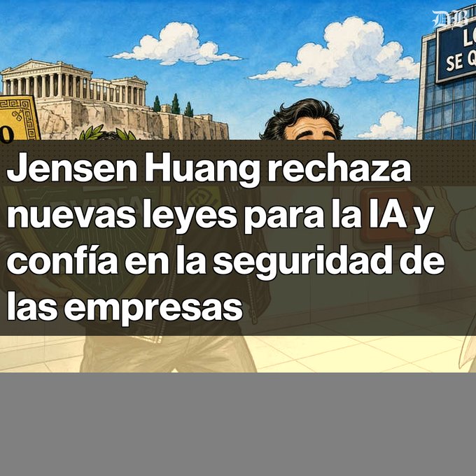 A news graphic features a stylized illustration of Jensen Huang with the Spanish headline 'Jensen Huang rechaza nuevas leyes para la IA y confía en la seguridad de las empresas', set against a background of the Parthenon and what appears to be a NASDAQ sign.