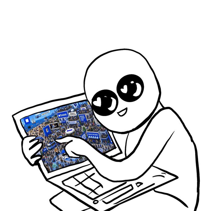 A black and white cartoon drawing of a character with large heart-shaped eyes sitting at a laptop, intently viewing a webpage for the Babylon browser.