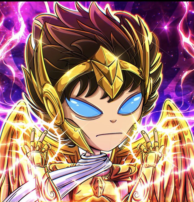An anime-style character with spiky brown hair, golden armor, and glowing blue eyes radiates purple lightning energy.