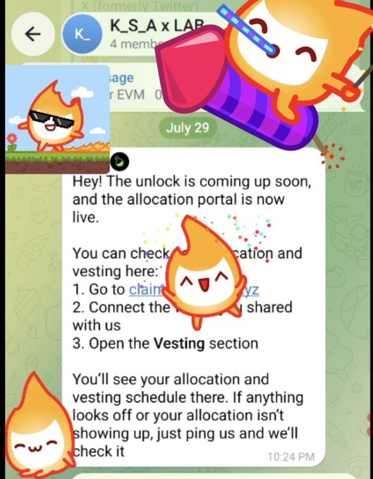 A Telegram screenshot from K_S_A x LAP group dated July 29 shows KSA announcing an upcoming token unlock with instructions for checking allocation and vesting through a chain portal, featuring cute flame mascot stickers. The image reinforces the post's claim about an upcoming $LAB token distribution, with the vesting portal announcement tying directly to the promised withdrawal within 20 days.