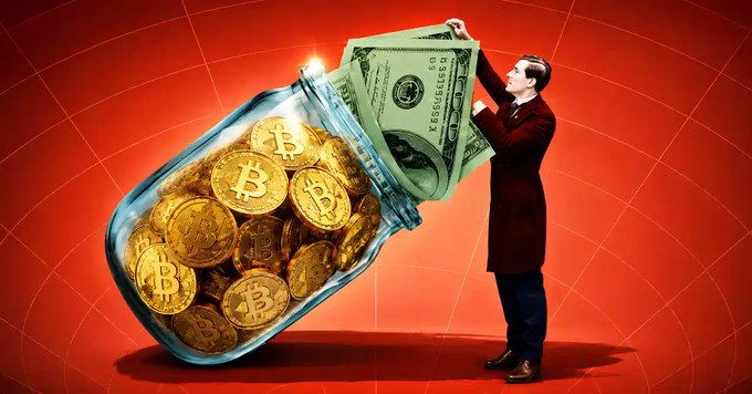 A graphic illustration of a man in a red coat pouring cash into a tipped glass jar overflowing with Bitcoin coins against a red background.
