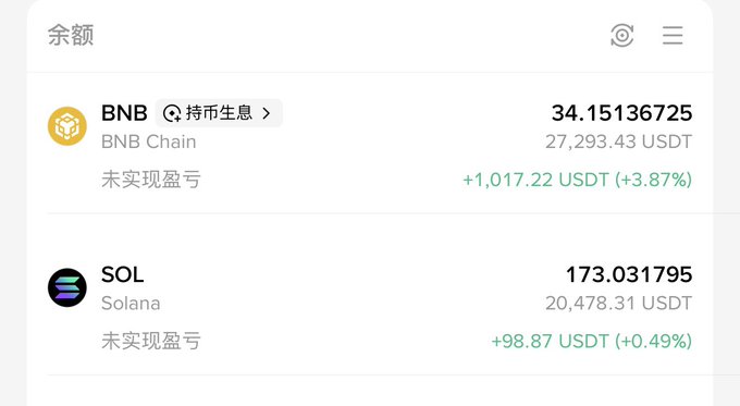 A cryptocurrency portfolio showing holdings of 34.15 BNB (BNB Chain) worth 27,293.43 USDT with an unrealized profit of +1,017.22 USDT (+3.87%), and 173.03 SOL (Solana) worth 20,478.31 USDT with an unrealized gain of +98.87 USDT (+0.49%). The image relates to the post by illustrating the current BNB and SOL positions being held, reinforcing the strategy of holding these altcoins while being bullish on Bitcoin.