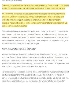 A concise caption for the image:

"The image displays article text discussing tokenisation, Hyperledger Besu, and Ethereum-based collateral on the Fusion network, highlighting asset mobility, CSDR penalties, and the role of institutional permissioned access rather than on-chain negotiation."