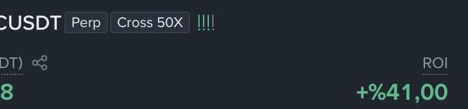 A trading interface snippet showing a 'CUSDT Perp Cross 50X' position with a return on investment (ROI) of +%41,00 displayed in green.