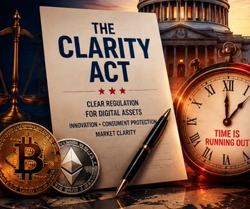 A promotional graphic for 'THE CLARITY ACT', listing 'CLEAR REGULATION FOR DIGITAL ASSETS', with a clock reading 11:55 and the text 'TIME IS RUNNING OUT'.