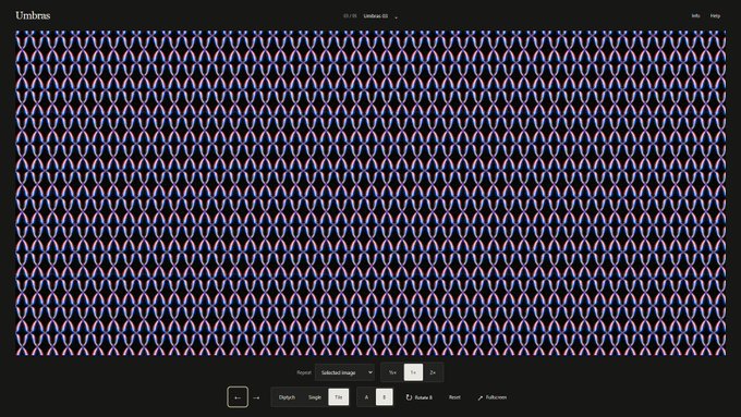 A web interface called 'Umbrns' displaying a grid of hundreds of generated human figures with the source image reduced to 4x4 pixels, demonstrating image upscaling technology.