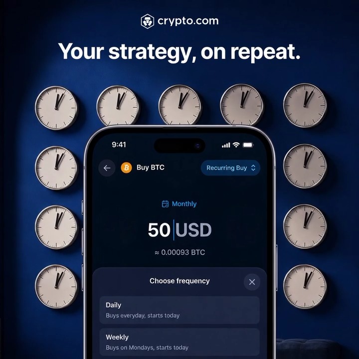 A crypto.com ad showing a smartphone displaying the "Recurring Buy" feature for BTC at $50/month (~0.00093 BTC), with frequency options for Daily or Weekly, set against a dark blue background filled with clocks under the headline "Your strategy, on repeat." The wall of clocks visually reinforces the post's message about consistent, scheduled crypto purchases building long-term strategy.