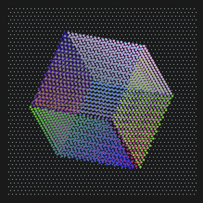 A colorful hexagonal prism made of dots, rendered with iridescent pink, blue, green, and yellow gradients against a black background with a regular grid of white dots.