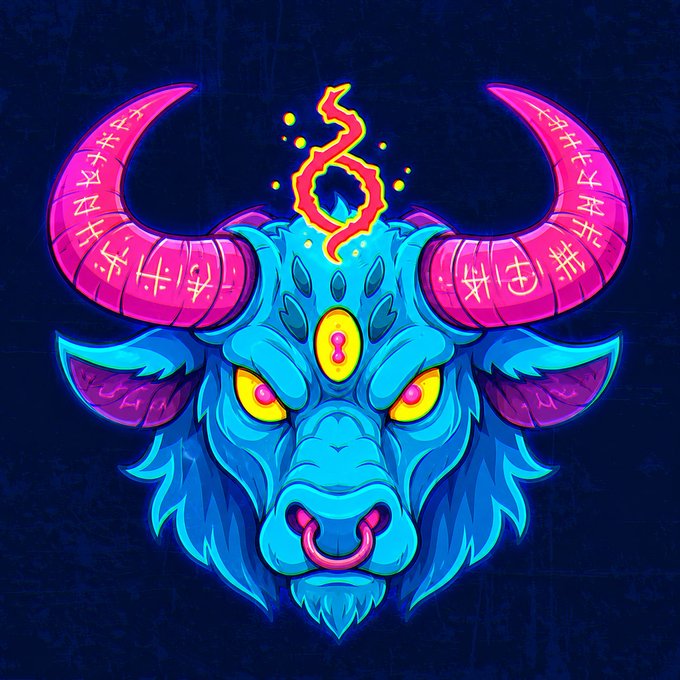 A vibrant digital illustration of a blue bull-like demon head with glowing pink horns covered in runes, a flaming red symbol on its forehead, and glowing yellow eyes against a dark blue background.