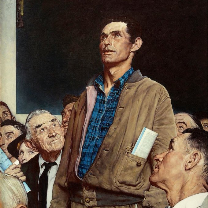A classic painting depicts a tall, gaunt man in a blue plaid shirt and brown jacket standing among a crowd, looking upward with an expression of awe, while an older man beside him gazes up admiringly.