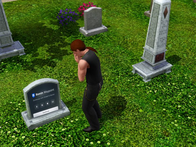 The image shows a man standing in front of a headstone with his hands on his face, looking sad or contemplative. The headstone has a small screen attached to it that displays an opening for Ronin Waypoint tokens. The man appears to be contemplating whether he should migrate these tokens and NFTs to the new location.