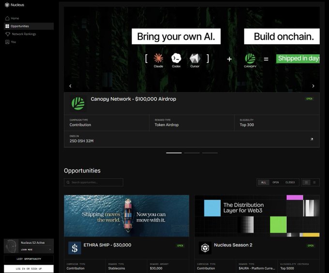 A screenshot of the Nucleus platform's Opportunities page, featuring a Canopy Network $100,000 airdrop banner ('Bring your own AI, Build onchain') and listings for ETHRA SHIP ($30,000) and Nucleus Season 2 campaigns.