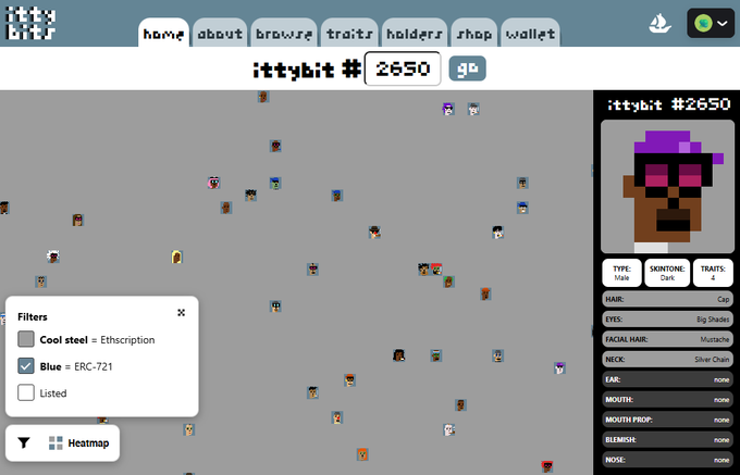 A screenshot of a pixel-art NFT marketplace displays a character named 'ittybit #2650' with purple hair and sunglasses, alongside filter options for 'Cool steel = Etherscription' and 'Blue = ERC-721'.