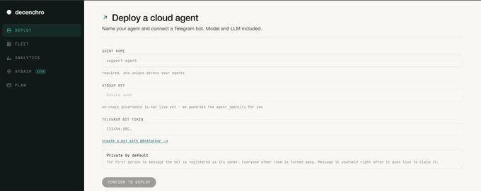 A screenshot of the 'decendive' web interface displays a form titled 'Deploy a cloud agent' with fields for 'AGENT NAME' (support-agent), 'ATSDASH KEY' (demo), and 'TELEGRAM BOT TOKEN'.