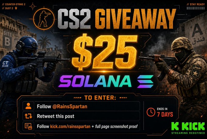 The image is a promotional graphic for a CS2 (Counter-Strike 2) giveaway offering $25 in Solana to a lucky winner, featuring tactical game characters and instructions to follow @RainsSpartan, retweet, and join kick.com/rainsspartan, with the giveaway ending in 7 days. The bold "$25 SOLANA" text, character artwork, and entry steps directly visualize the sponsored post's contest details.
