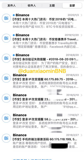A screenshot of email notifications from Binance, including login IP alerts and weekly hot topic digests, with the username @duanxiaominBNB highlighted.