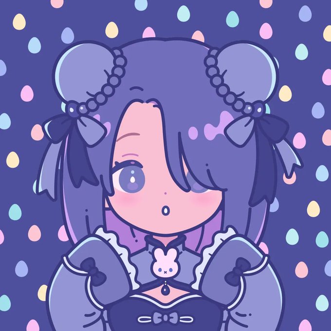 Illustration of an anime-style girl with purple hair styled in two buns with bows, wearing a frilly dress, against a background of colorful pastel dots.