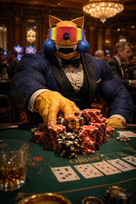 An anthropomorphic yellow cat character wearing rainbow sunglasses and a blue tuxedo, reaching toward a massive pile of casino chips at a blackjack table.