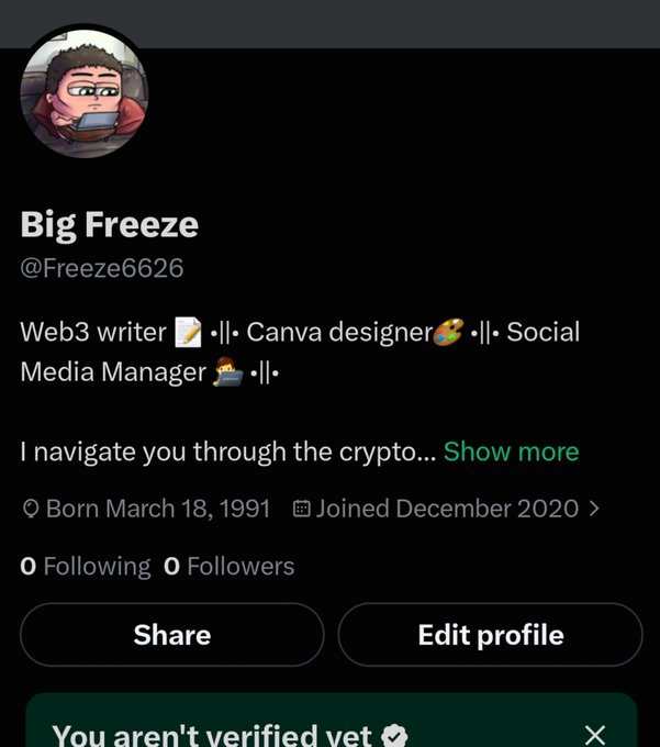 A Twitter/X profile for 'Big Freeze' (@Freeze6626) describes them as a Web3 writer and notes they are not yet verified.