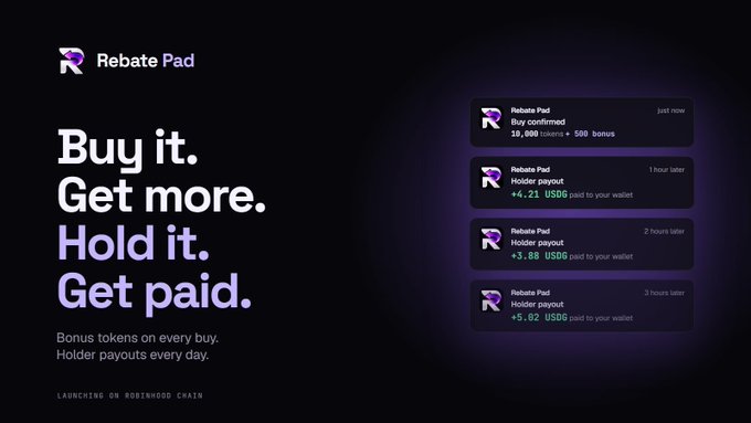 A dark promotional page for “Rebate Pad” reads “Buy it. Get more. Hold it. Get paid.” and “Bonus tokens on every day. Holder payouts every day,” alongside notices about “500 bonus” and holder payouts in USDS.