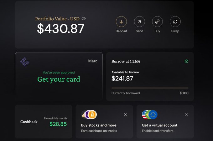 A screenshot of the EtherFi dApp dashboard showing a portfolio value of $430.87 USD, with options to deposit, send, buy, or swap, alongside features like a card approval, borrowing at 1.26% with $241.87 available, and new updates including buying stocks/metals, Aave (Optimism) market integration, cashback earnings, and virtual account setup.