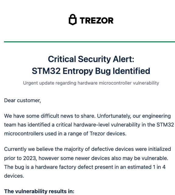 A critical security alert from TREZOR titled 'STM32 Entropy Bug Identified', warning customers about a hardware-level vulnerability in STM32 microcontrollers affecting an estimated 1 in 4 devices.