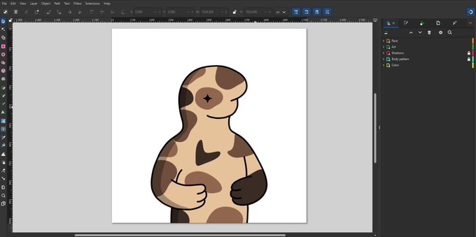 A screenshot of an image editing software displaying a cartoon illustration of a sloth-like character with brown and tan camouflage patterns, showing the toolbars and layer panels of the editing interface.