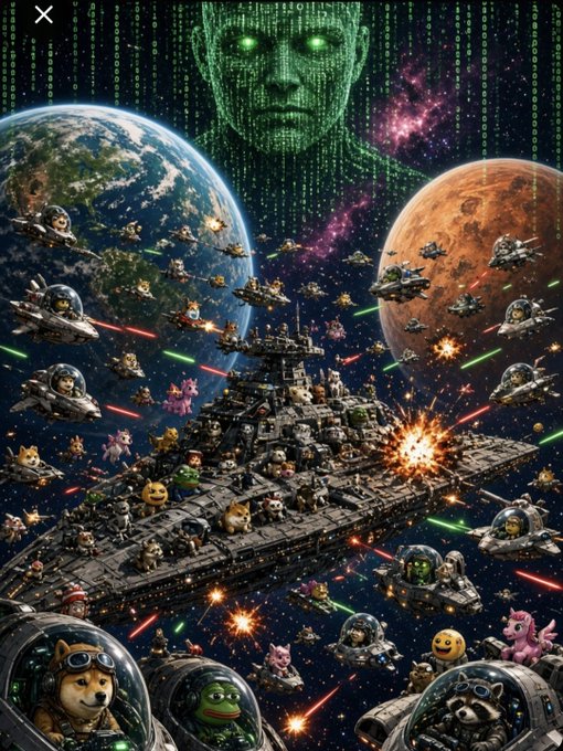 A chaotic sci-fi space battle illustration featuring various cats and dogs in spaceships, a Star Destroyer-like vessel, Earth and Mars in the background, and a green matrix-style face looming over the scene.