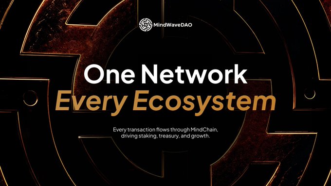 This promotional image for MindWaveDAO displays the slogan "One Network Every Ecosystem" and states that every transaction flows through MindChain, driving staking, treasury, and growth.