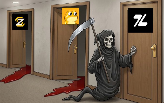 A cartoon illustration of a Grim Reaper carrying a scythe emerging from a doorway marked with a 'Z' logo, with blood pooling outside, while a shocked Pepe frog face appears in the doorway and another door displays a 'ZL' logo.