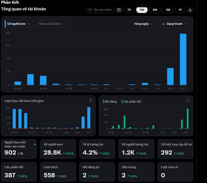 A Vietnamese analytics dashboard titled 'Phân tích Tổng quan về tài khoản' showing account overview metrics with a 2-week view, displaying 902 view count, 28.8K views, and various engagement statistics.