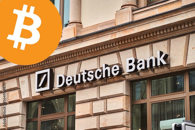 A Deutsche Bank branch signage is displayed on the building, with an orange Bitcoin logo overlaid in the upper left corner, visually symbolizing the bank's new foray into crypto custody services for institutional clients by year-end.
