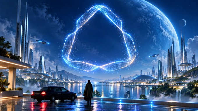 A sci-fi digital artwork depicting a futuristic cityscape with towering skyscrapers, a car and cloaked figure in the foreground, and a large glowing blue energy triangle in the night sky with planets visible.