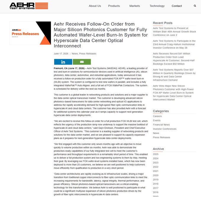 The image shows a screenshot of a website, possibly a news or information website, with a white background and black text that reads "AEHR Receives Follow-On Order from Major Silicon Photonics Customer for Fully Automated Data Center Optical System". The focus is on the content displayed in this webpage.