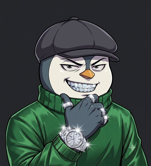 A cartoon illustration of a penguin character wearing a green sweater and a black cap, grinning while displaying a large diamond-encrusted watch and matching rings on its gloved hand against a dark background.