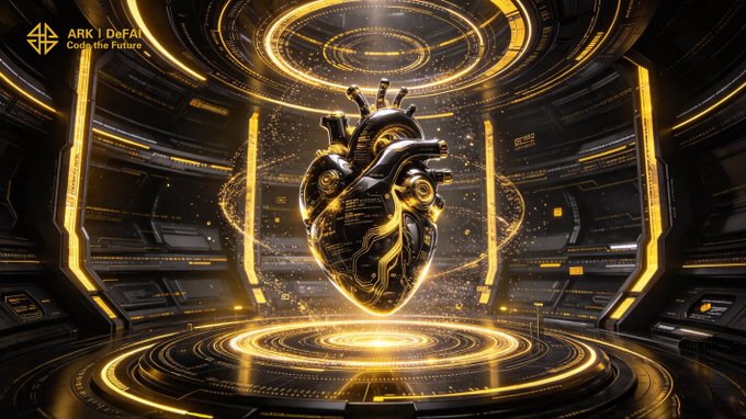 A futuristic black-and-gold ARKIE AI heart floats above glowing holographic rings in a high-tech chamber. The top-left logo reads “ARK | DeFAI Cuts the Future,” matching the post’s celebration of the ARKIE AI × Binance Live event and community support.