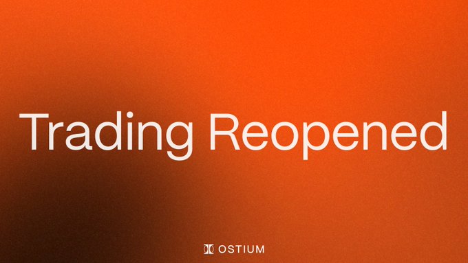An orange graphic with white text reading 'Trading Reopened' featuring the Ostium logo at the bottom.