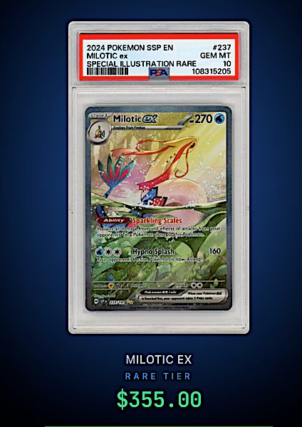 A graded PSA 10 Gem Mint 2024 Pokémon SSP 'Milotic ex' Special Illustration Rare card (#237) displayed in a protective slab with a price tag of $355.00.