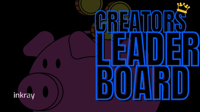 A purple piggy bank with stacked coins sits alongside bold blue text reading "CREATORS LEADERBOARD," topped with a small gold crown, while "inkray" appears in the lower left. The image ties into the post by framing early access as a chance to climb the leaderboard and build wealth before opportunities pass.