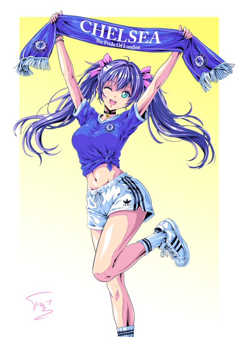 Anime-style illustration of a girl in a Chelsea FC jersey holding a 'CHELEAS The Pride Of London' scarf overhead.