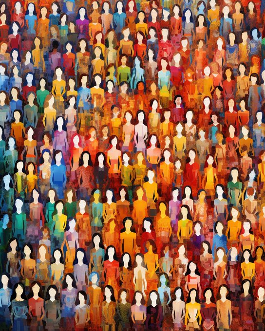 A vibrant, densely packed painting featuring numerous faceless human figures rendered in warm hues of orange, red, yellow, and cool tones of blue and green.
