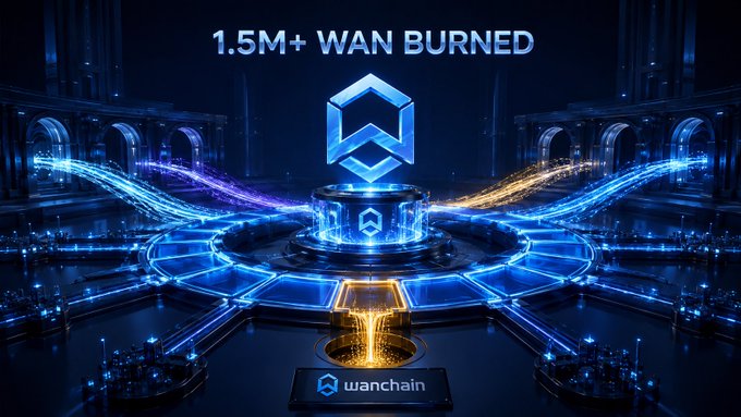 Promotional graphic for Wanchain featuring a futuristic blue digital temple with a glowing logo and the text '1.5M+ WAN BURNED' displayed at the top.