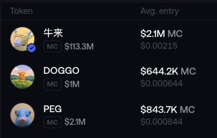 A dark-themed cryptocurrency tracker interface displaying three meme tokens: 牛来 (MC: $113.3M, Avg. entry $0.00215, $2.1M MC), DOGGO (MC: $1M, Avg. entry $0.000644, $644.2K MC), and PEG (MC: $2.1M, Avg. entry $0.000844, $843.7K MC), each shown with circular token icons including a dog and a blue character.