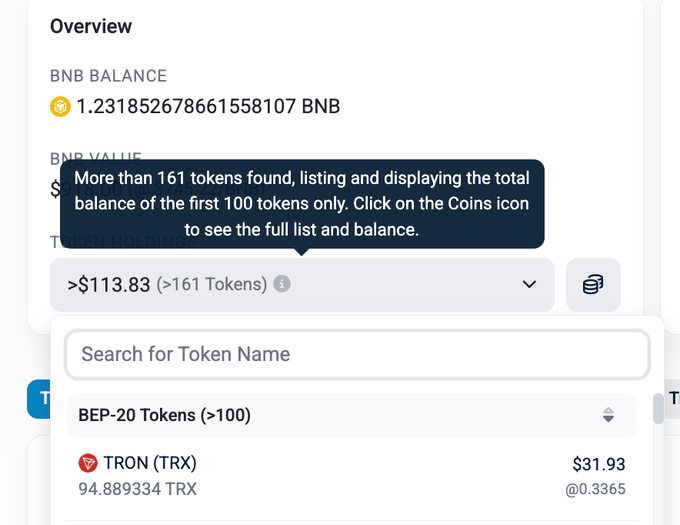 A crypto wallet overview showing a BNB balance of 1.231852678661558107 BNB valued at ~$113.83, with a tooltip indicating 161+ tokens are held but only the first 100 are displayed. The visible token list shows 94.889334 TRON (TRX) worth $31.93 at $0.3365 per token, illustrating the $TRX airdrop the poster received on their BSC address.